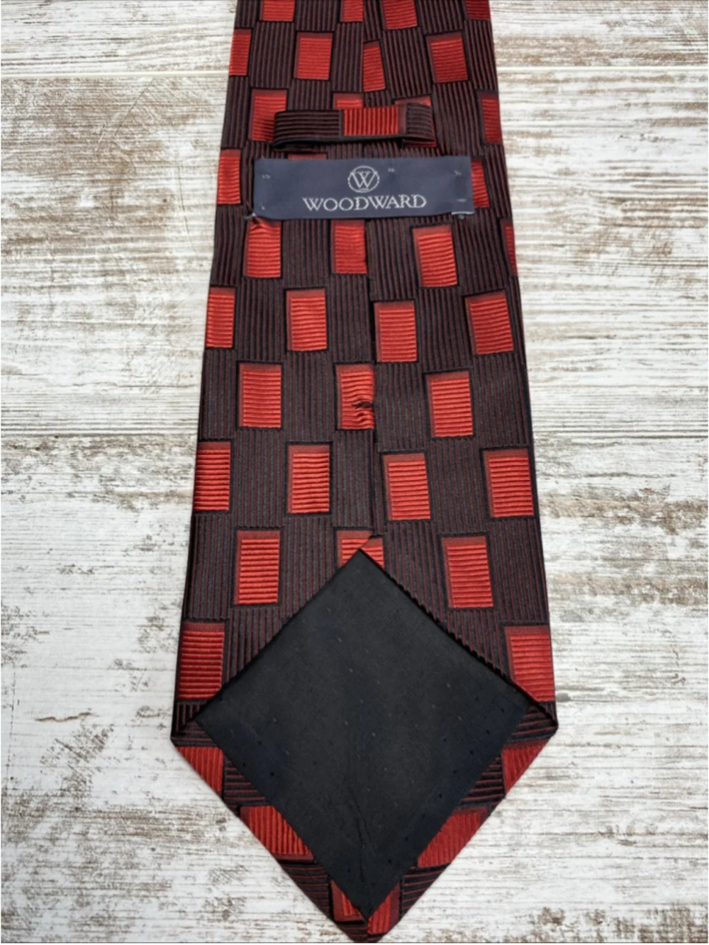 Woodward Italy Silk Necktie Vintage 1990s Red Black Geometric Box Pattern 4”
